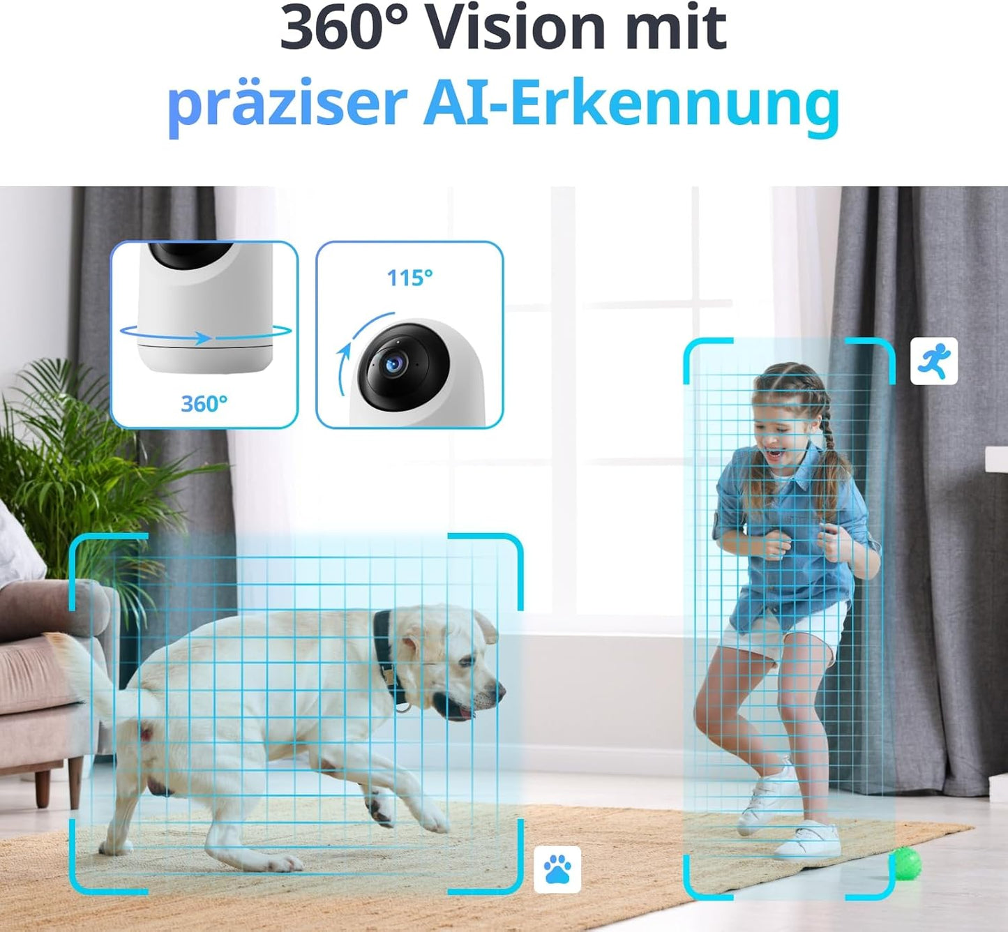 2K Überwachungskamera mit 360° Sichtfeld, 2K PLUS