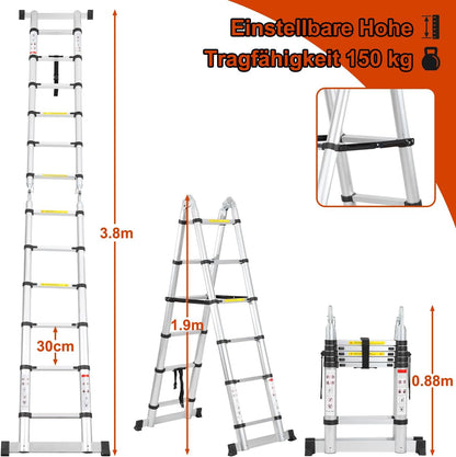 Teleskopleiter Aluminium klappbar 3.8m, 3.8(1.9+1.9)m Silber