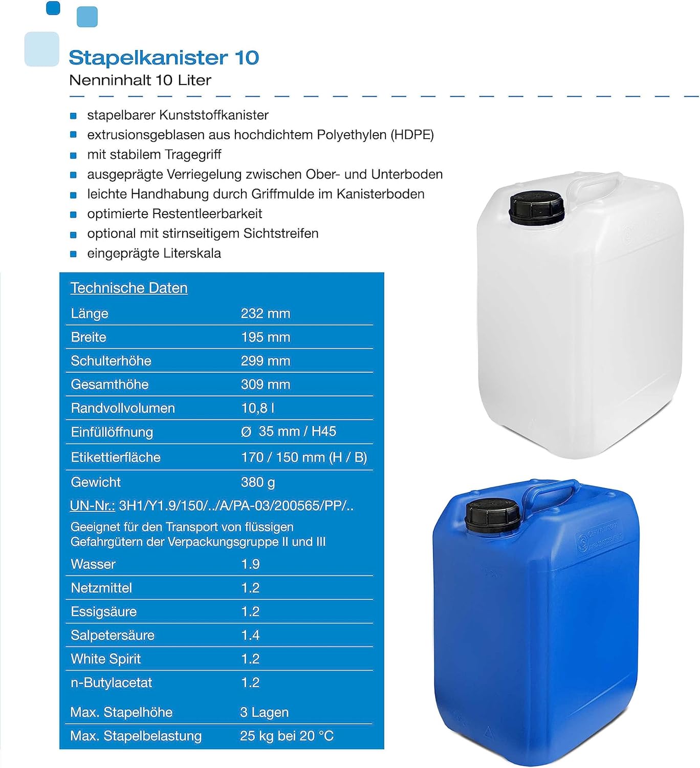 Wasserkanister Set mit Hahn, 2x10L, lebensmittelecht, 2x10 Liter DIN 45 + 1 Hahn