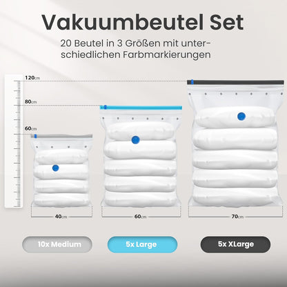 Vakuumbeutel-Set für Kleidung (20 Stück, 3 Grössen), 20er Set