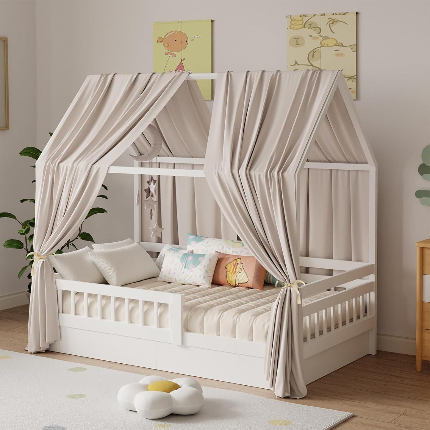 2-teiliges Betthimmel-Set für Hausbetten (2 Stück), H270 x B67 cm (2er Pack) Creme