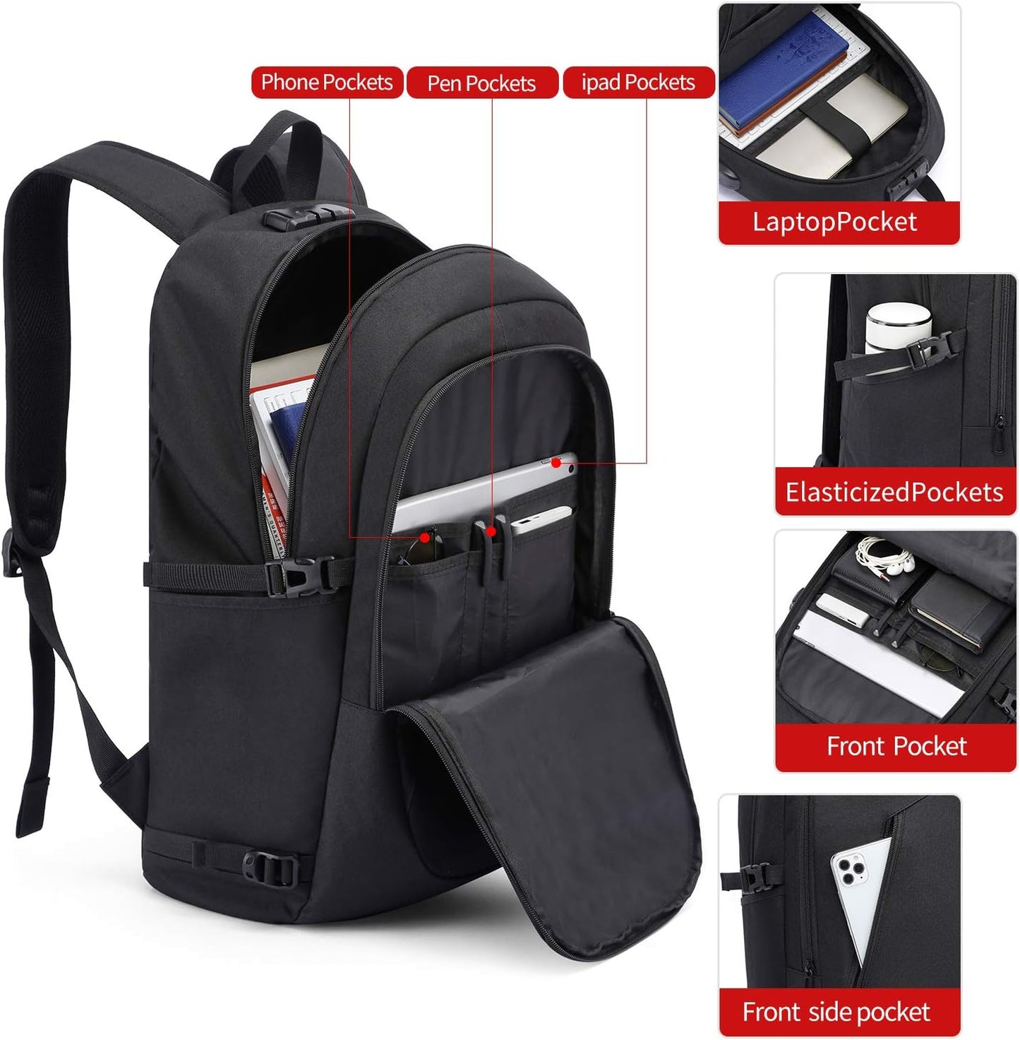 Laptop-Rucksack mit USB-Port, Gepäckgurt, 17 Zoll Schwarz-1