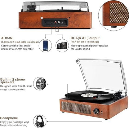 Vintage Vinyl Plattenspieler mit Bluetooth und Lautsprechern, Orange