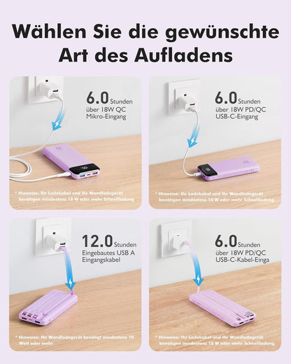 Powerbank mit 3 verschiedenen Ausgangskabeln, 20000mAh Lila