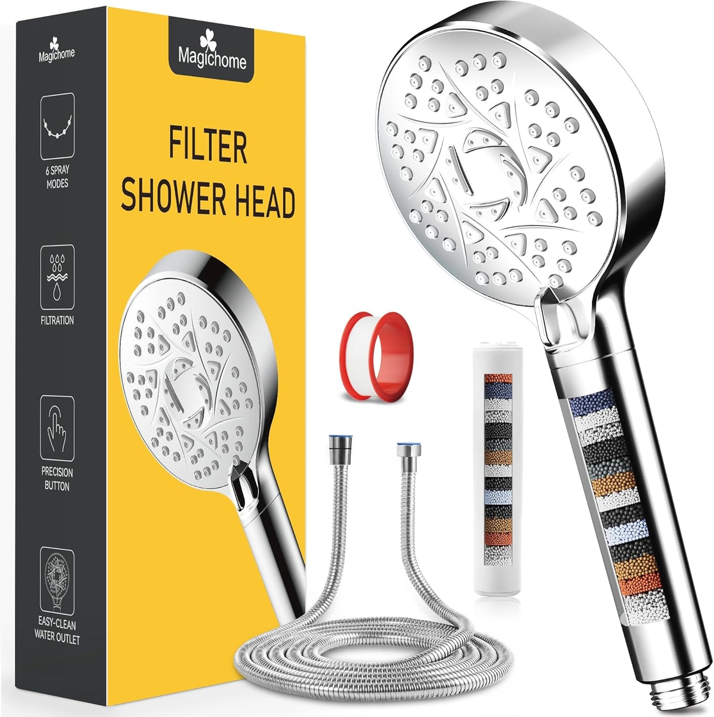 Duschkopf mit 20-stufiger Filterung und 6 Strahlarten, Silber