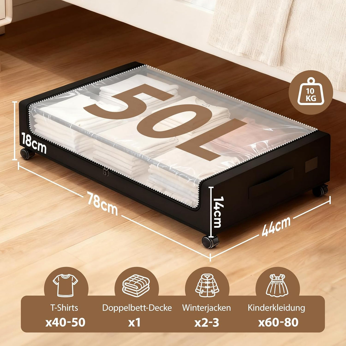 Unterbett-Aufbewahrungsboxen (2 Stück, 50L, rollbar), 50L Unterbett‑Box mit Rollen (L78 x B44 x H18 cm) 2