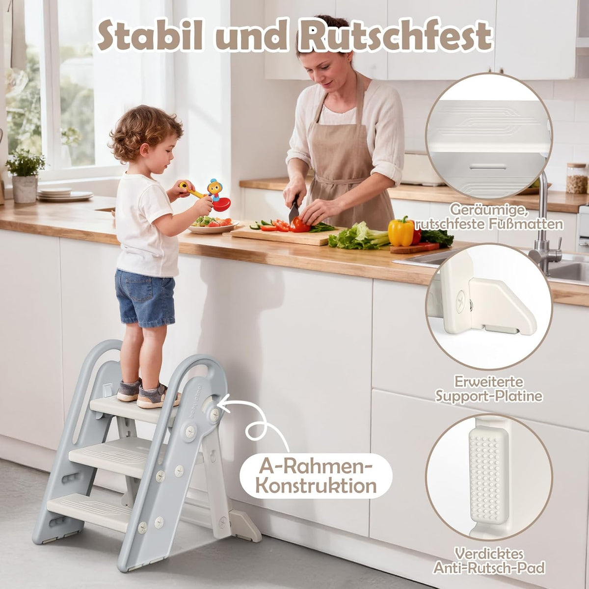 Höhenverstellbarer Tritthocker für Kinder, Grauweiss