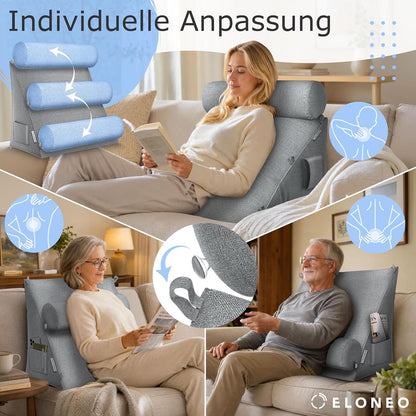 Verstellbares Rückenkissen mit Nackenrolle, Grau 50 cm