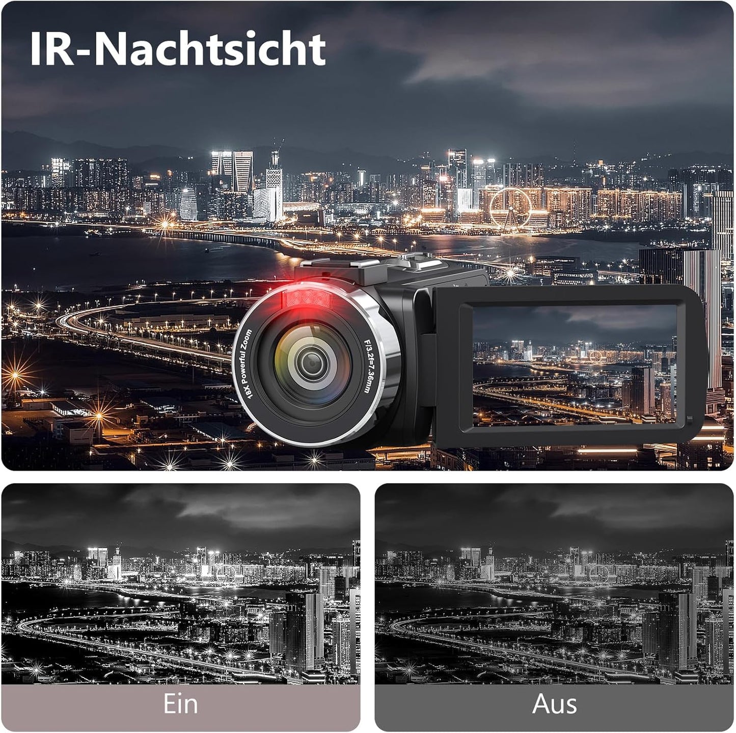 4K Camcorder mit IR-Nachtsicht und 18x Zoom, Schwarz