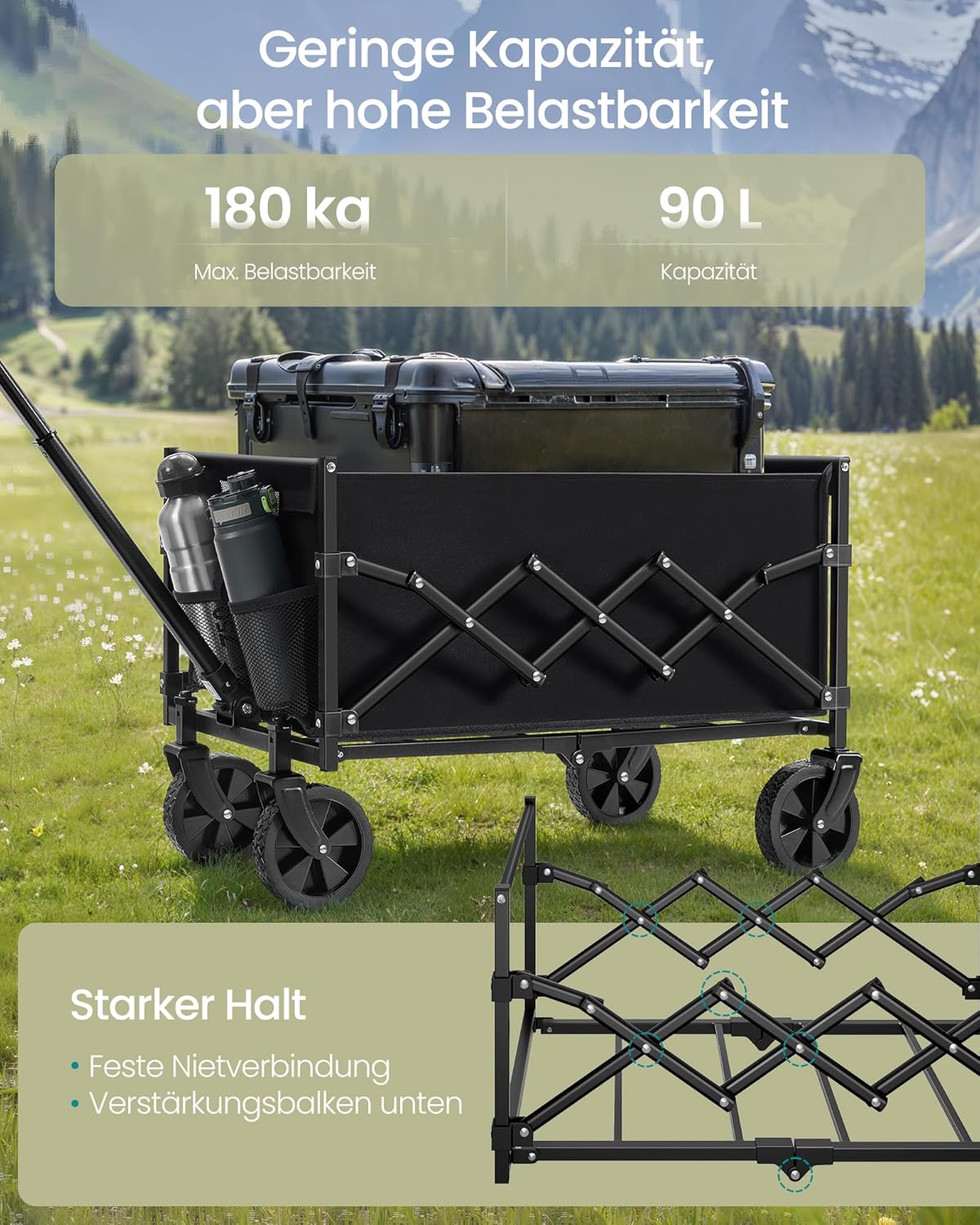 Faltbarer Handwagen mit verstärkten Rollen, Tintenschwarz 90 L