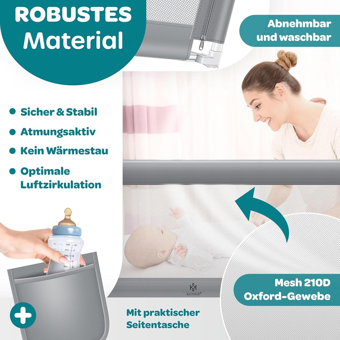 Bettschutzgitter klappbar & höhenverstellbar 180 cm, Hellgrau 180cm