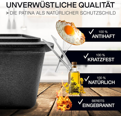 Gusseisen-Brotbackform mit Gärkorb & Teigmesser, Kastenform + Gärkorb