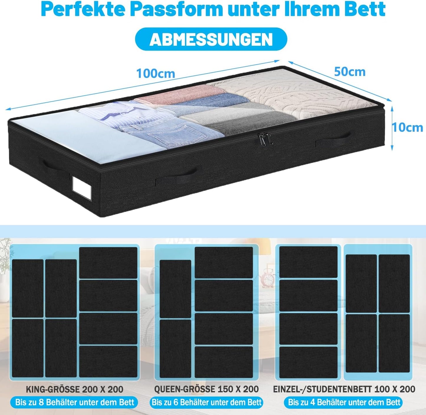 Unterbett Aufbewahrungsboxen-Set (2 Stück, faltbar), Schwarz 10 cm-2pcs