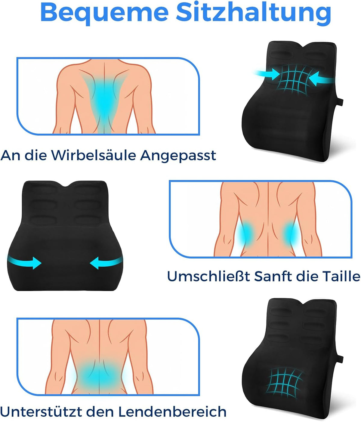 Ergonomisches Lendenwirbelkissen mit Memory Foam, Schwarz Memory Foam