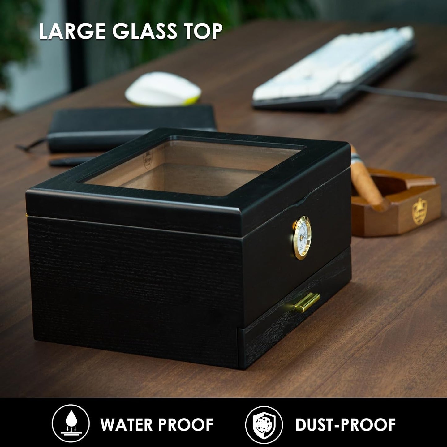 Zigarren-Humidor-Box mit Befeuchter & Hygrometer, Schwarz 10-50
