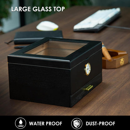 Zigarren-Humidor-Box mit Befeuchter & Hygrometer, Schwarz 10-50