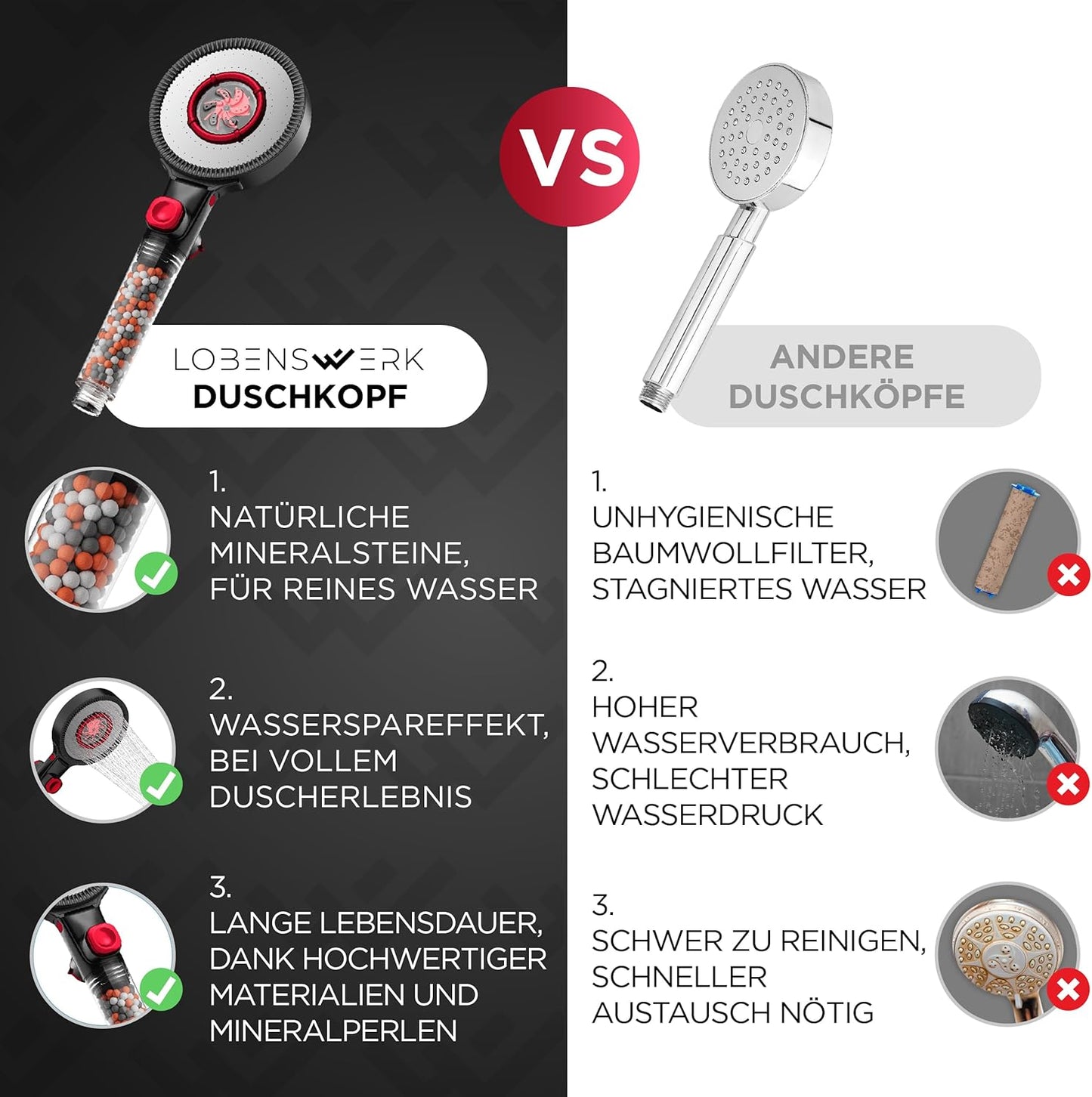 Duschkopf mit Mineralperlen & Booster-Modus, Transparenter Griff