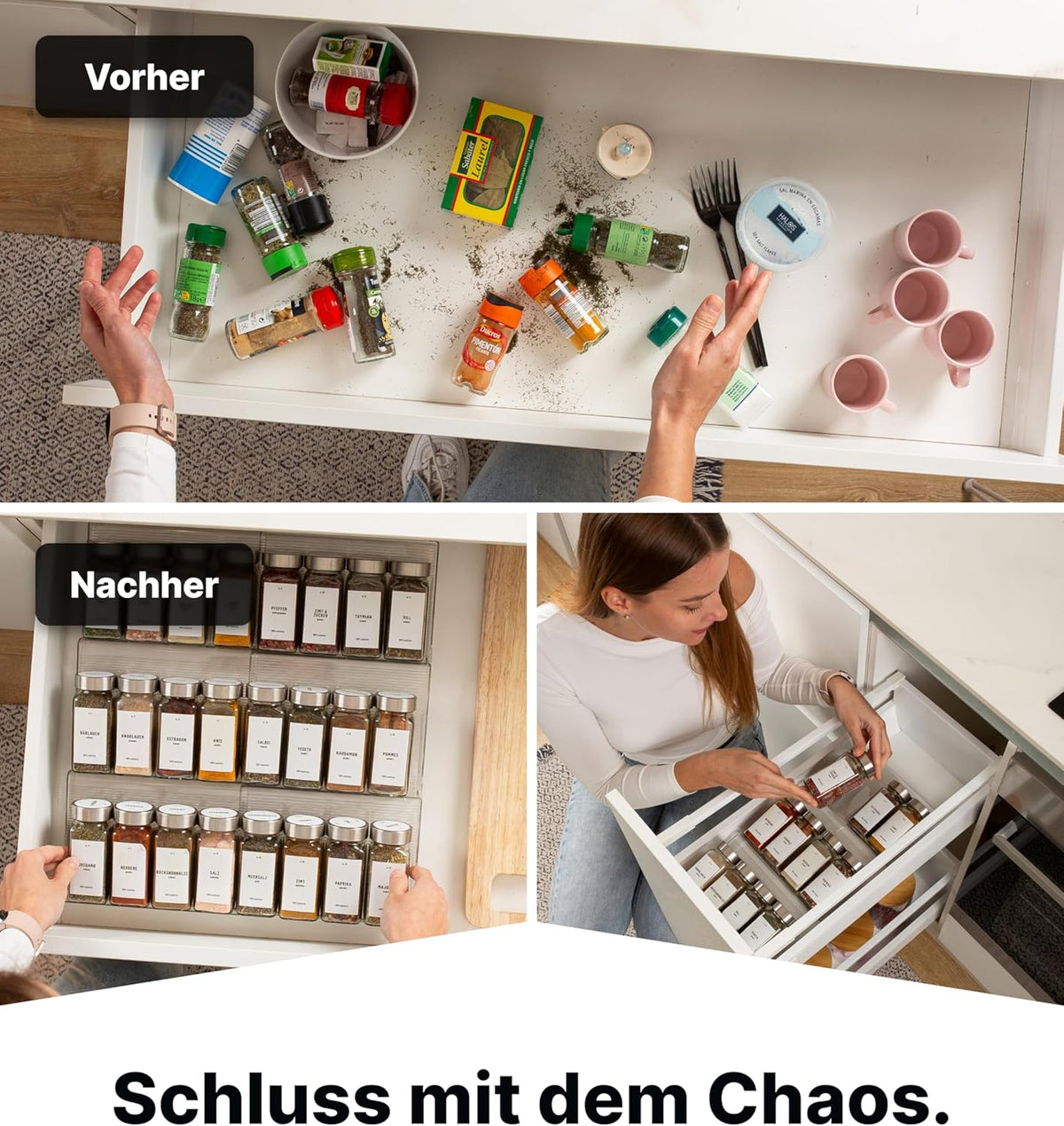 Gewürzgläser-Set mit Schubladeneinsatz, 24 Stk, ausziehbar, Chrom, Deckel Edelstahl