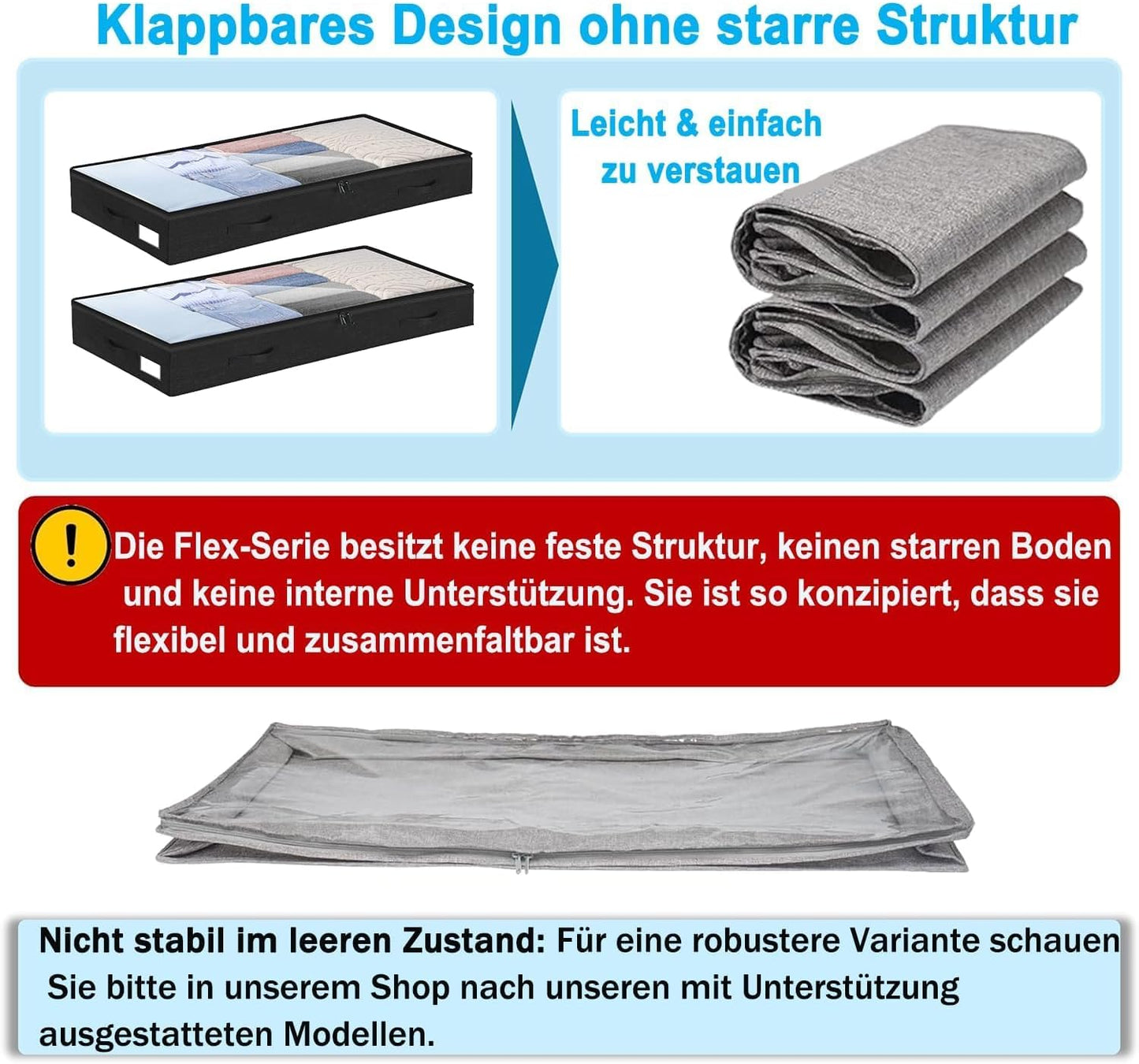 Unterbett Aufbewahrungsboxen-Set (2 Stück, faltbar), Schwarz 10 cm-2pcs