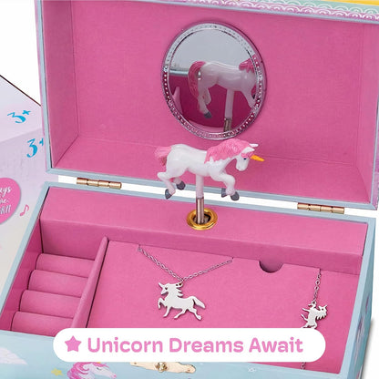 Einhorn-Spieluhr & Schmuckkästchen für Mädchen, Einhorn Blau mit Regenbogen
