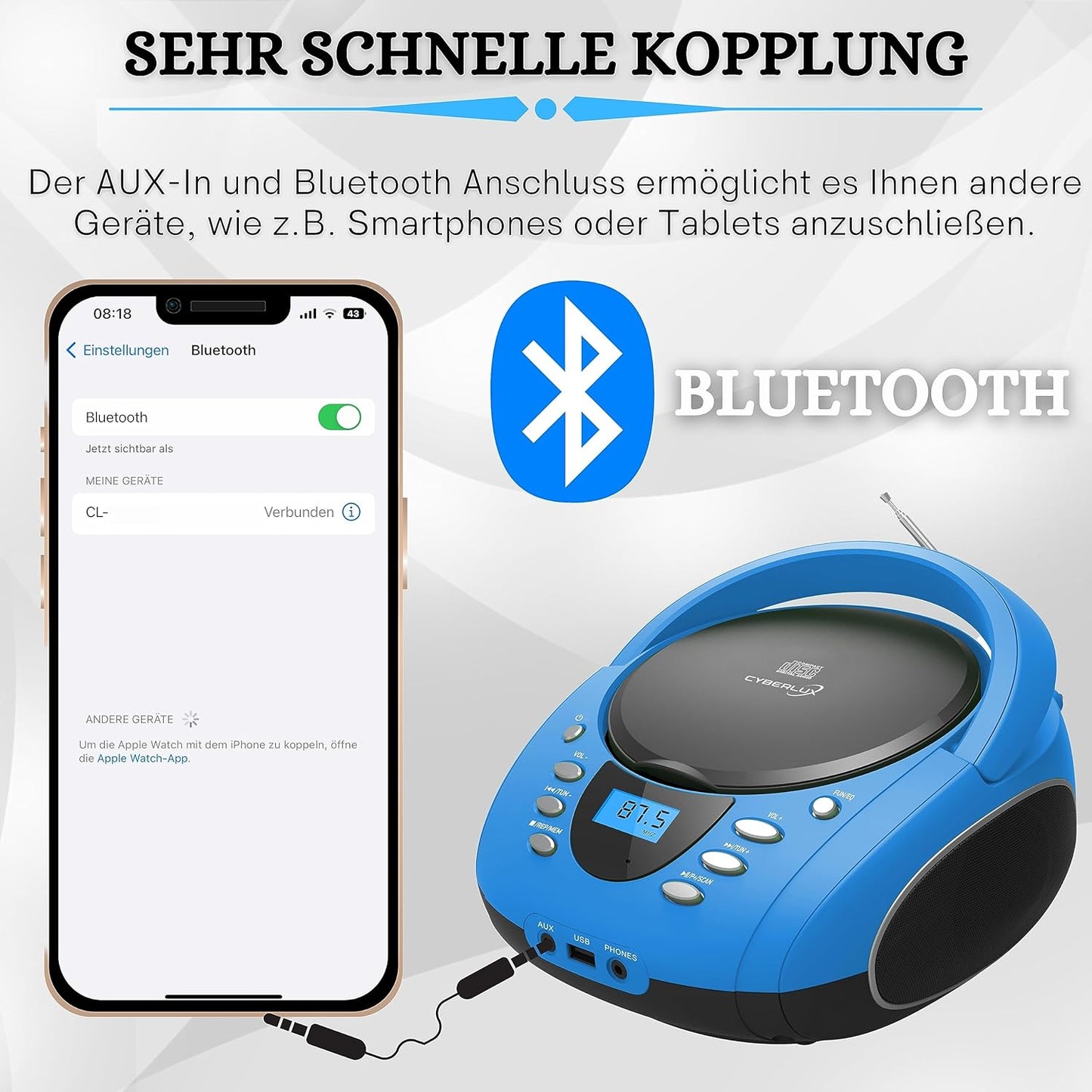 Tragbare Boombox mit CD-Player und Bluetooth, Blau