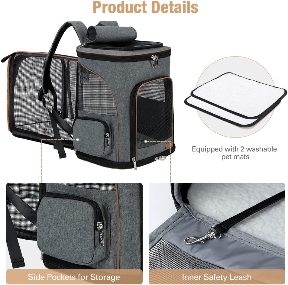 Erweiterbarer Haustier-Rucksack für Katzen & Hunde, Grau (XL) L 36 x B 31 x H 42 cm