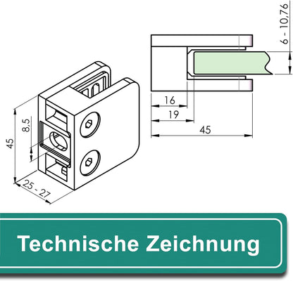 Glashalter Set für Treppengeländer (4 Stück), Anschluss: FLACH | Glasdicke: 6,76mm