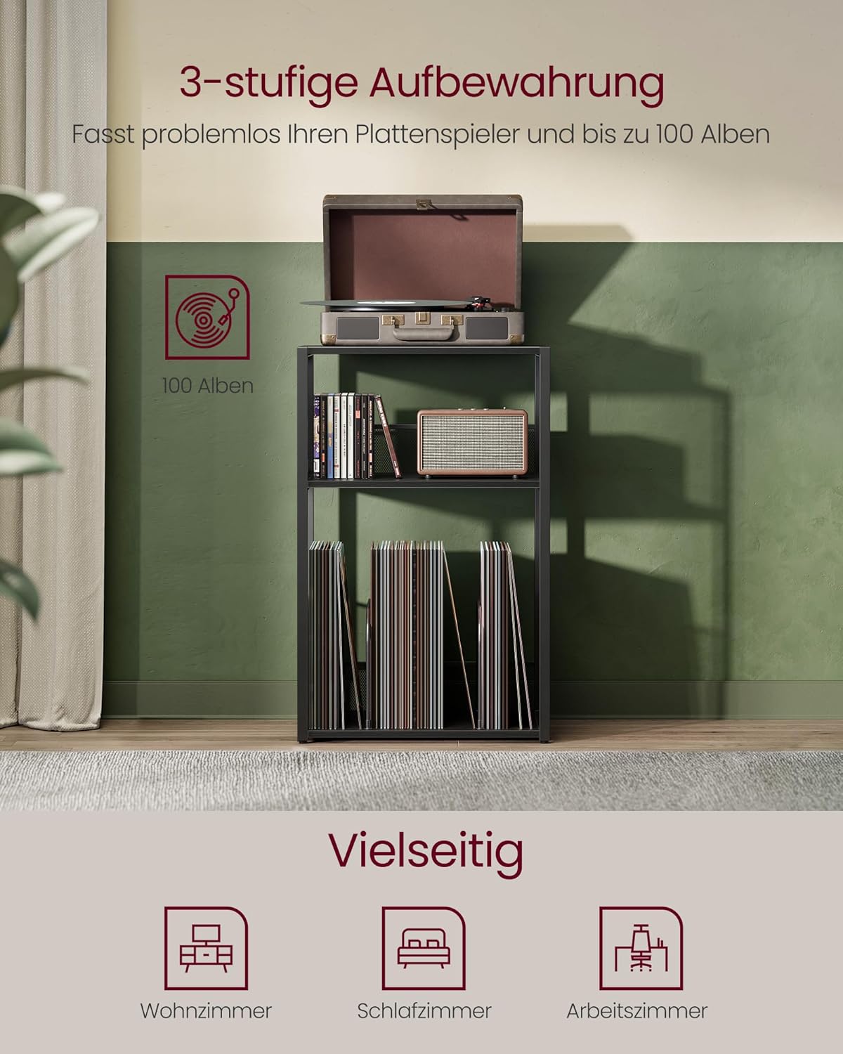 Regal für Plattenspieler und Schallplatten, Ebenholzschwarz Standardversion