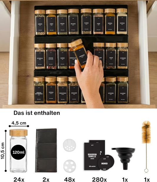 Gewürzgläser-Set mit Schubladeneinsatz, 24 Stk, ausziehbar, Schwarz, Deckel Bambus