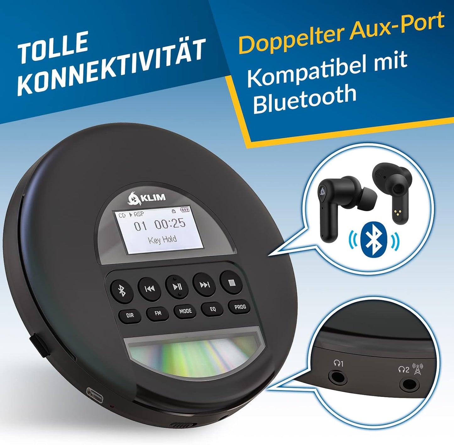 Tragbarer CD-Player mit Bluetooth, Schwarz