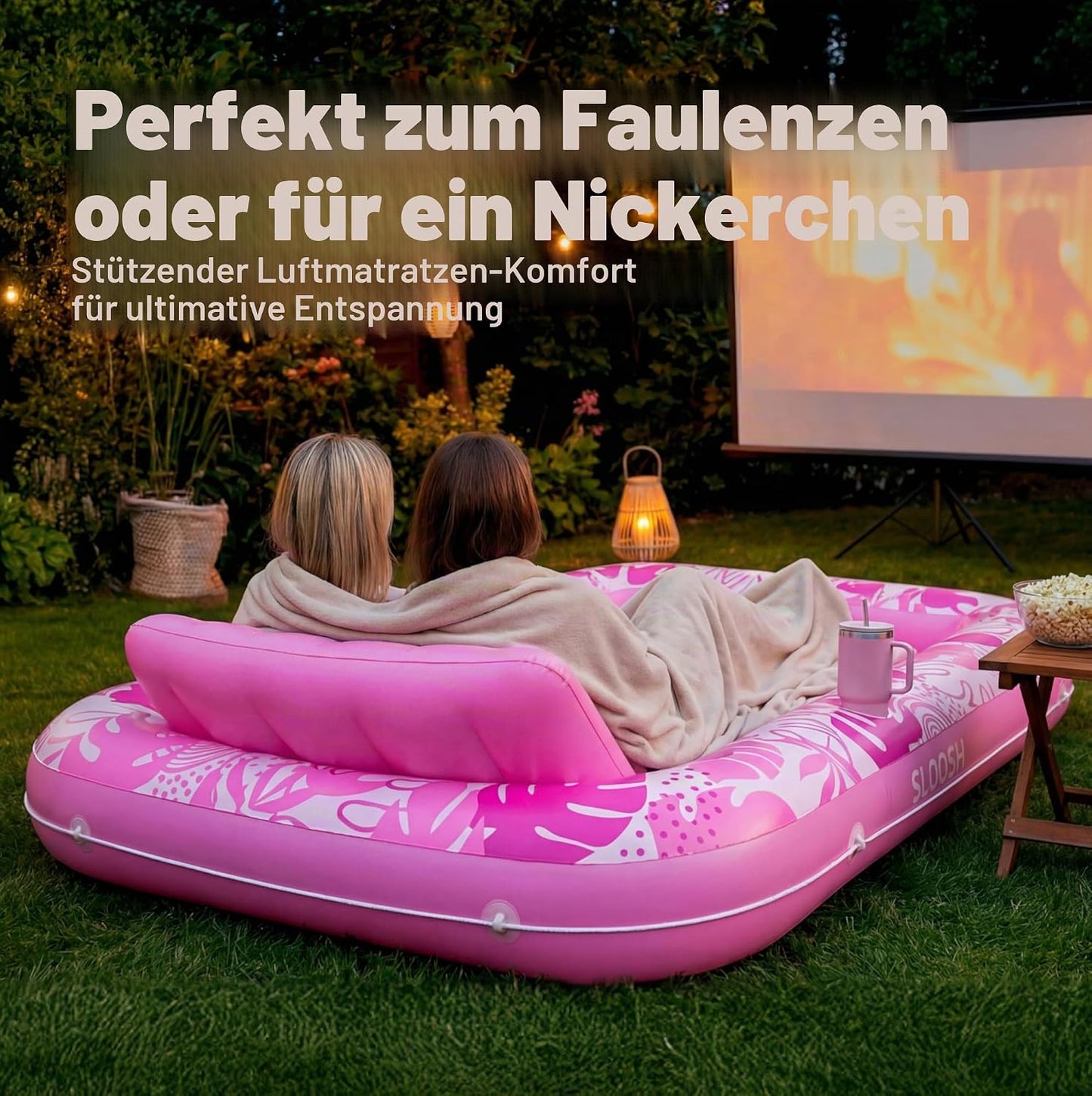 Aufblasbarer 4-in-1 Sonnenliegepool mit Kissen und Getränkehalter, Rosa XL