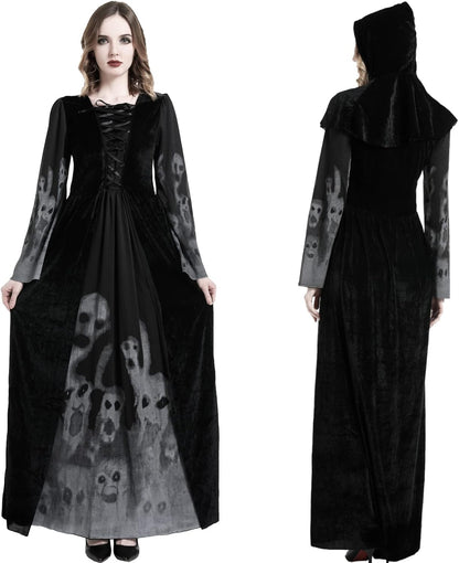 Halloween Hexenkostüm für Damen, langes Kleid, Schwarz L