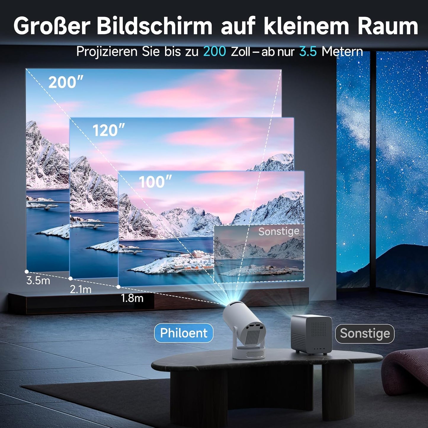 Smart Mini Beamer mit 4K/1080P Unterstützung, Grauweiss