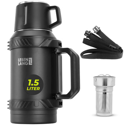Thermosflasche mit Becher, Teesieb und Tragegurt, 1500 ml