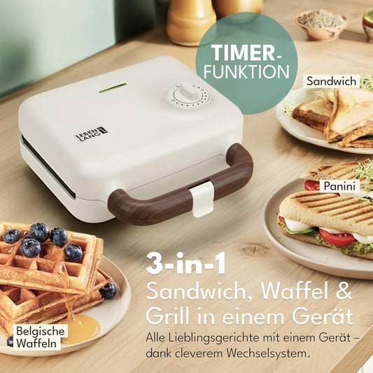 Sandwichmaker 3-in-1 mit Grill- und Waffeleinsätzen, Weiss - 750w