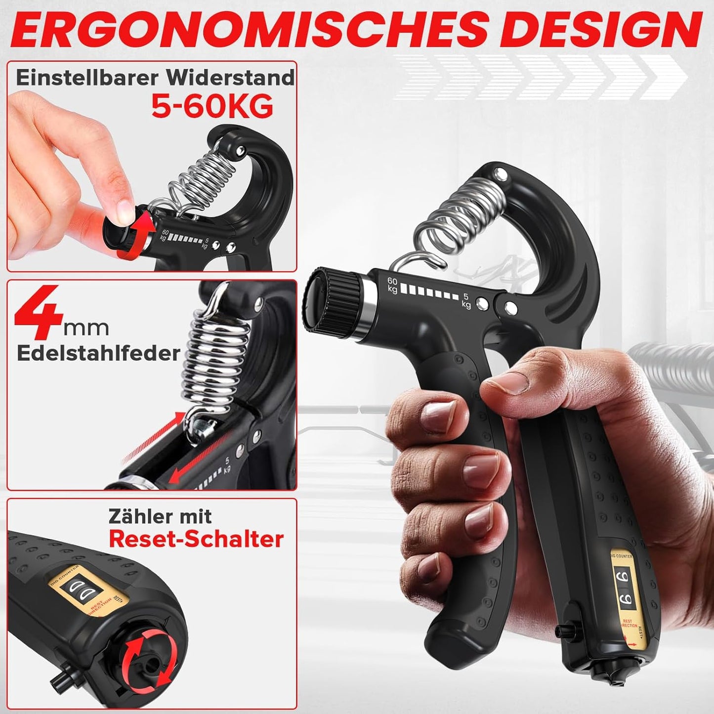 Verstellbares Hand- und Fingertrainings-Set 5-teilig, 5er Set Schwarz