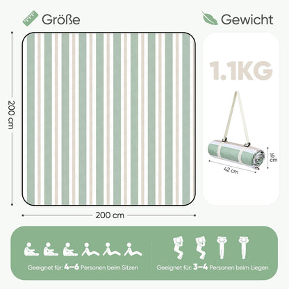 Picknick- und Stranddecke, wasserdicht, 200x200 cm, 200x200 cm Salbeigrün - Streifen