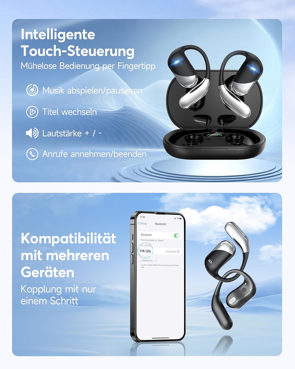 Open Ear Kopfhörer mit Echtzeitübersetzung, Tiefschwarz