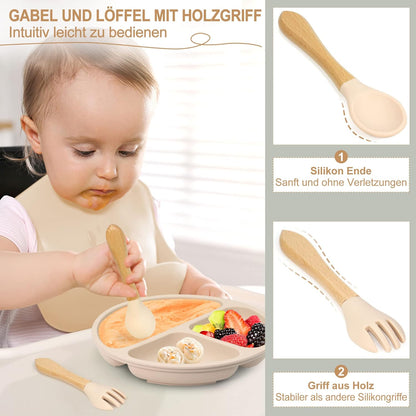 7-teiliges Baby-Geschirrset mit Saugnapf, Beige