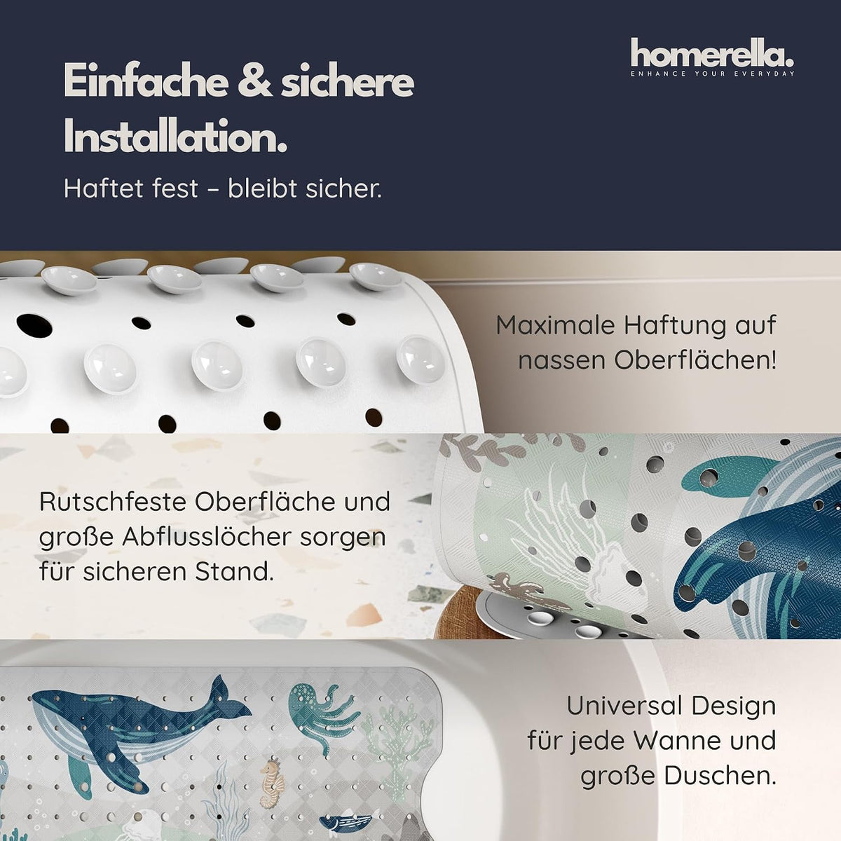 Rutschfeste Badewannenmatte für Kinder, inkl. Haken, Sandy Sea