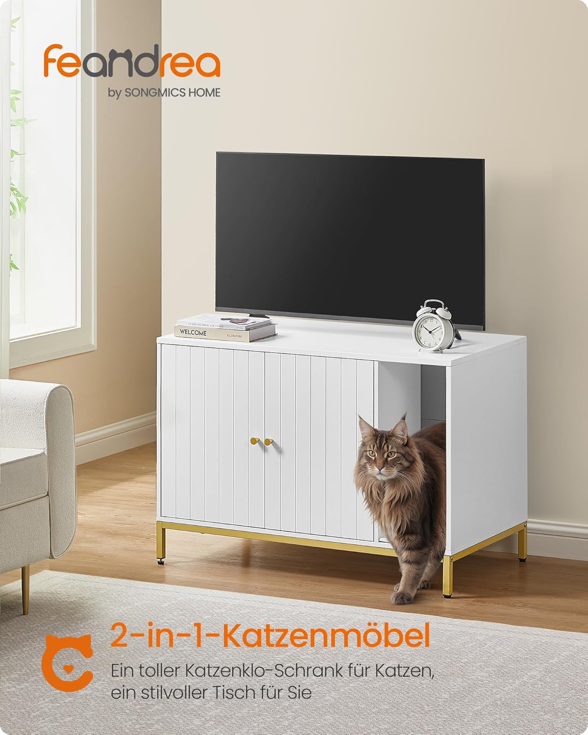 Katzenklo-Schrank PCL027W01 mit Kratzmatte und hohen Beinen, 90 x 48 x 61.5 cm Weiss + Goldfarben