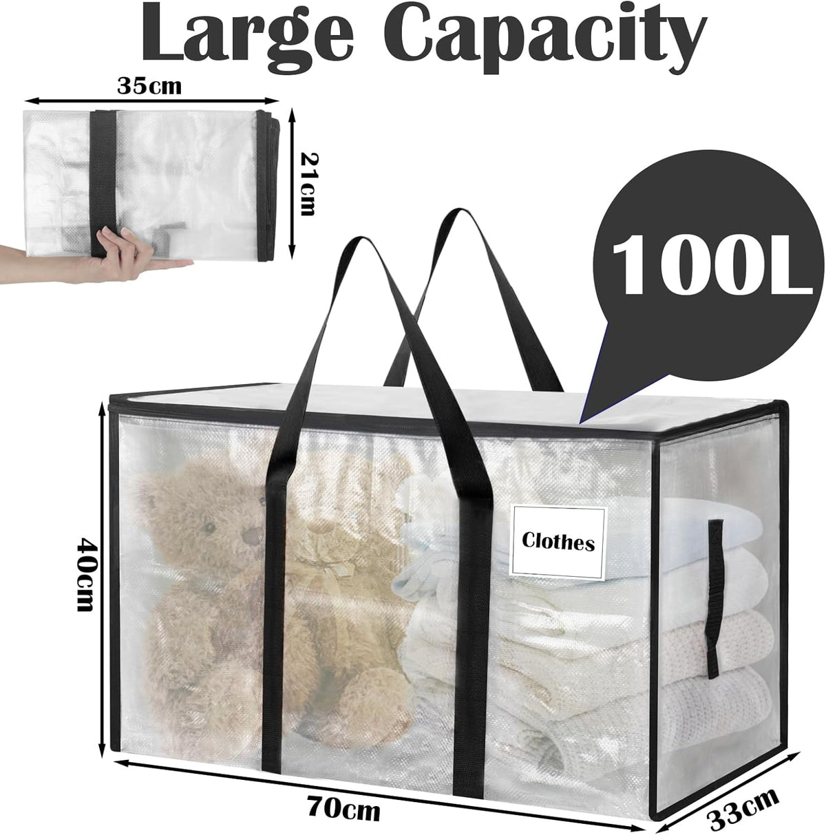 10-teiliges Umzugstaschen-Set mit Reissverschluss, 100L, 10-Pack (100 L) Transparent