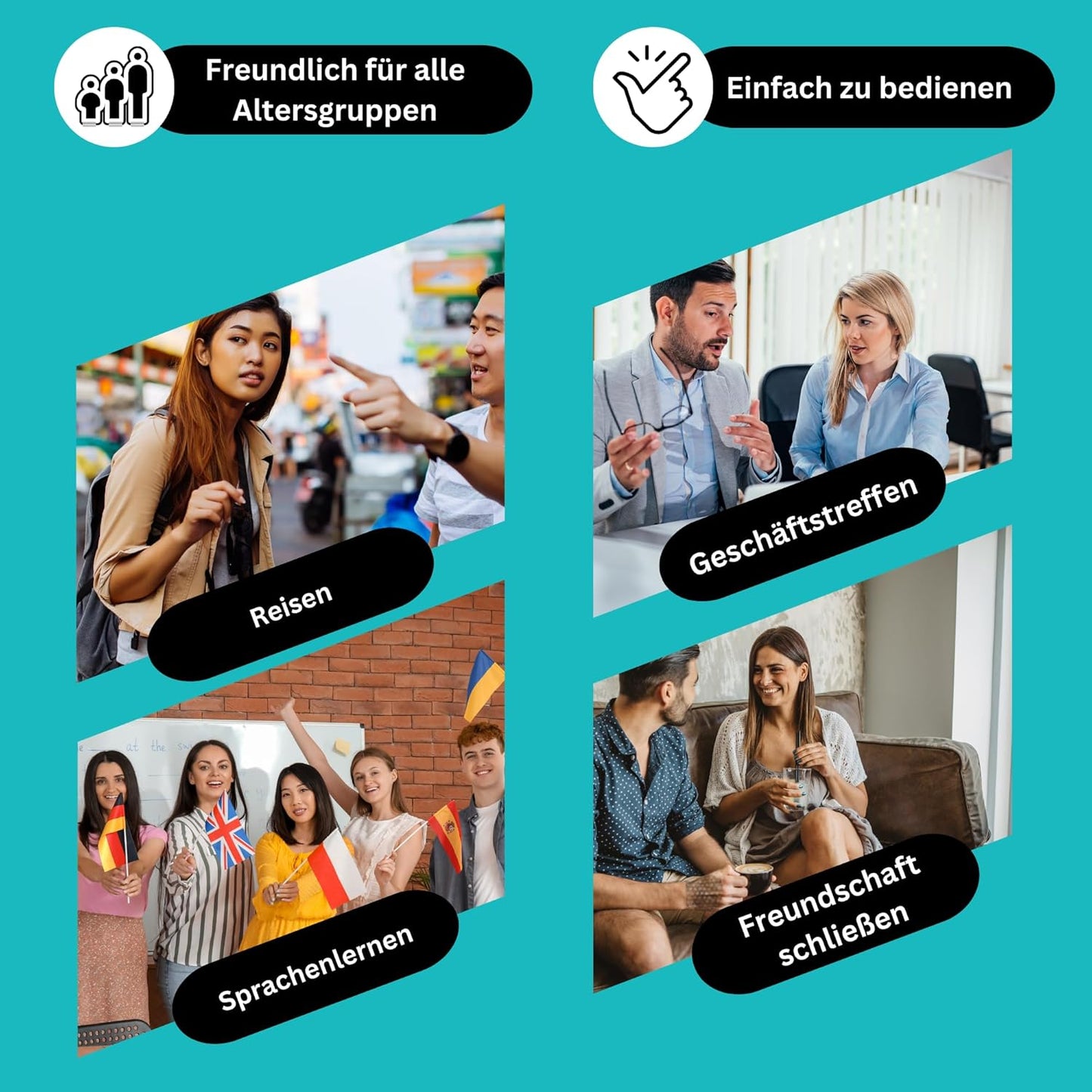 Zwei-Wege-Echtzeit-Übersetzer für 60+ Sprachen