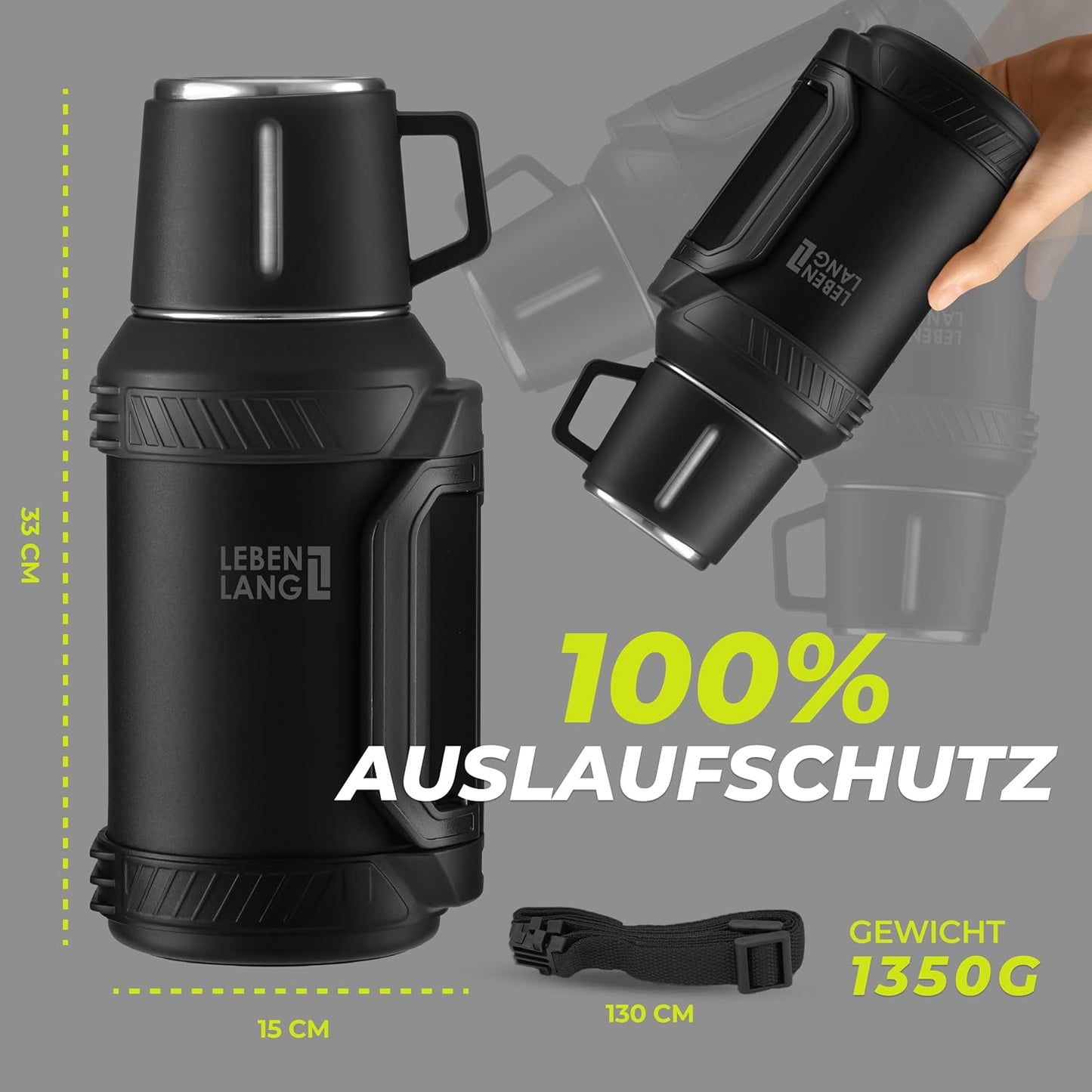 Outdoor-Thermosflasche mit Becher, Teesieb und Tragegurt, 2500 ml