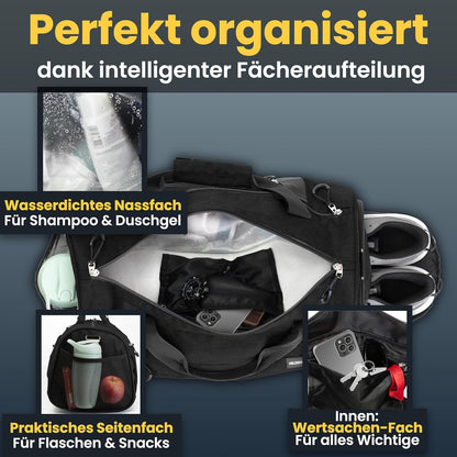 Sport- und Reisetasche mit Schuh- und Nassfach, Schwarz 58 x 31 x 31 cm (Large 50L)