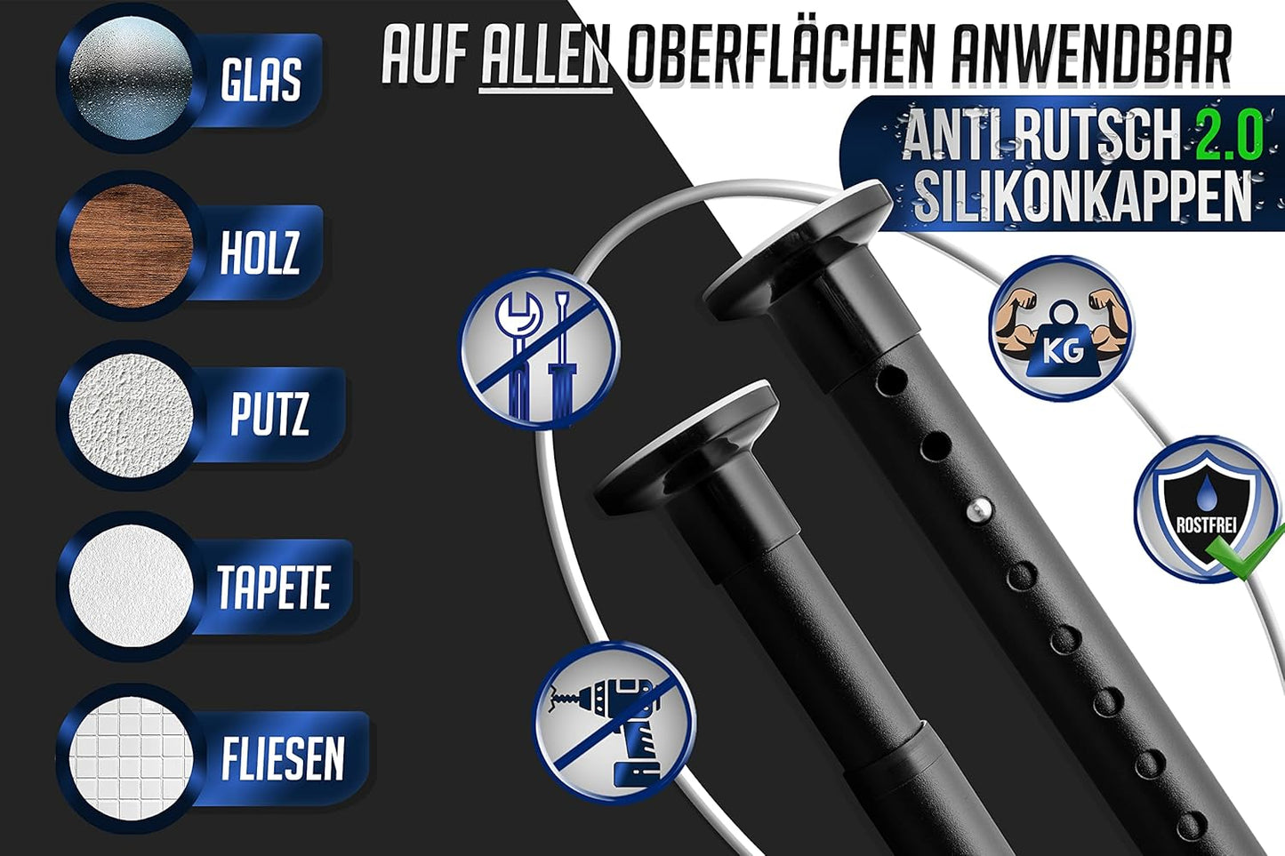 Teleskop-Gardinenstange ohne Bohren, 360-410 cm, 360-410 cm Matt Schwarz