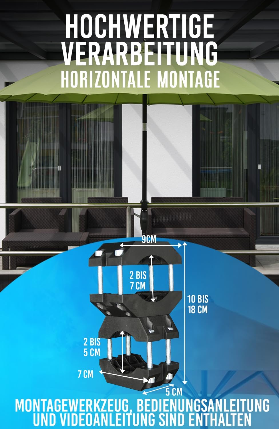 Sonnenschirmhalter für Balkon und Geländer, Schwarz