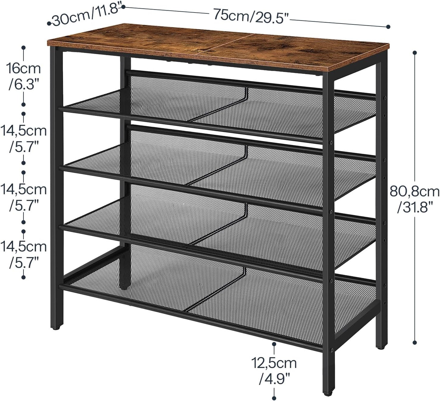 5-stöckiges Schuhregal mit verstellbaren Gitterablagen, Dunkelbraun + Schwarz 75 x 30 x 81 cm