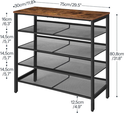 5-stöckiges Schuhregal mit verstellbaren Gitterablagen, Dunkelbraun + Schwarz 75 x 30 x 81 cm