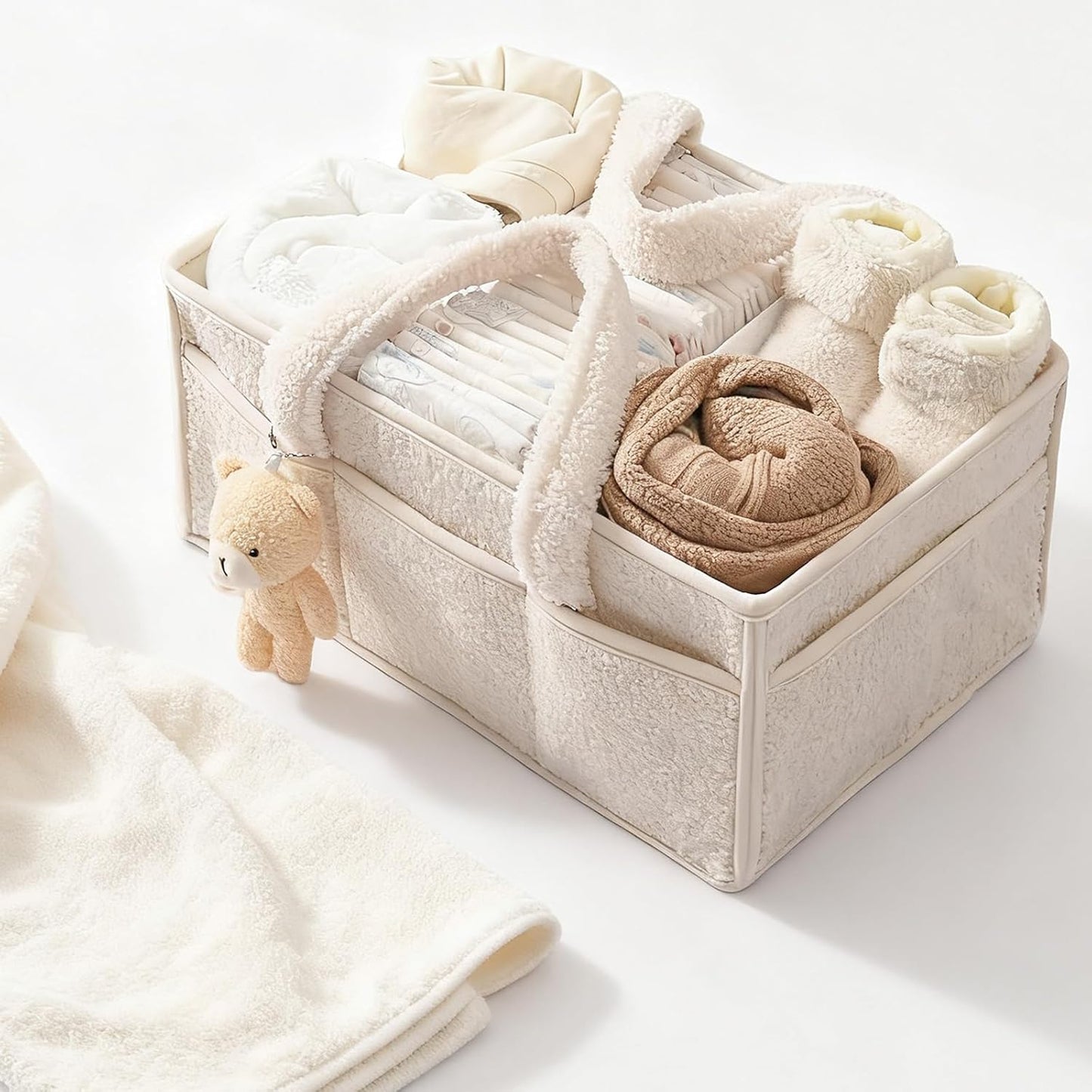 Wickeltisch Organizer mit Fächern & Griffen, Beige